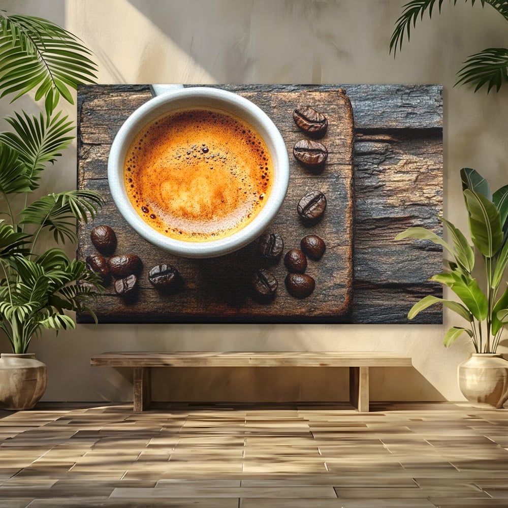 Tablou canvas cu ceasca de espresso si boabe de cafea, fara rama, pe sasiu de lemn